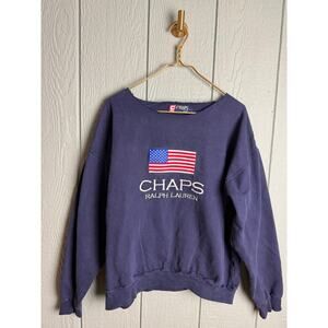 Vintage Chaps Ralph Lauren Flag Sweatshirt USA Embroidered Logo L Raw Cut Neck